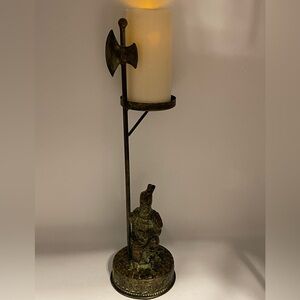 VTG Japanese Samurai Warrior Handcrafted Patina Metal Candle Holder with Labrys
